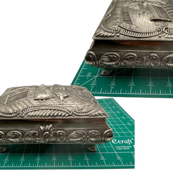 Vintage French Style Footed Jewelry Box Swan Lake Scene Hinged Lid Large Ornate - Picture 9 of 10